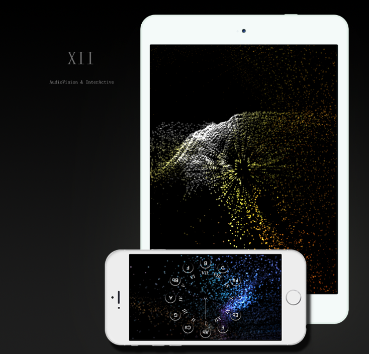 XII audiovisual app interface with real-time 3D graphics and twelve-tone sequence controls