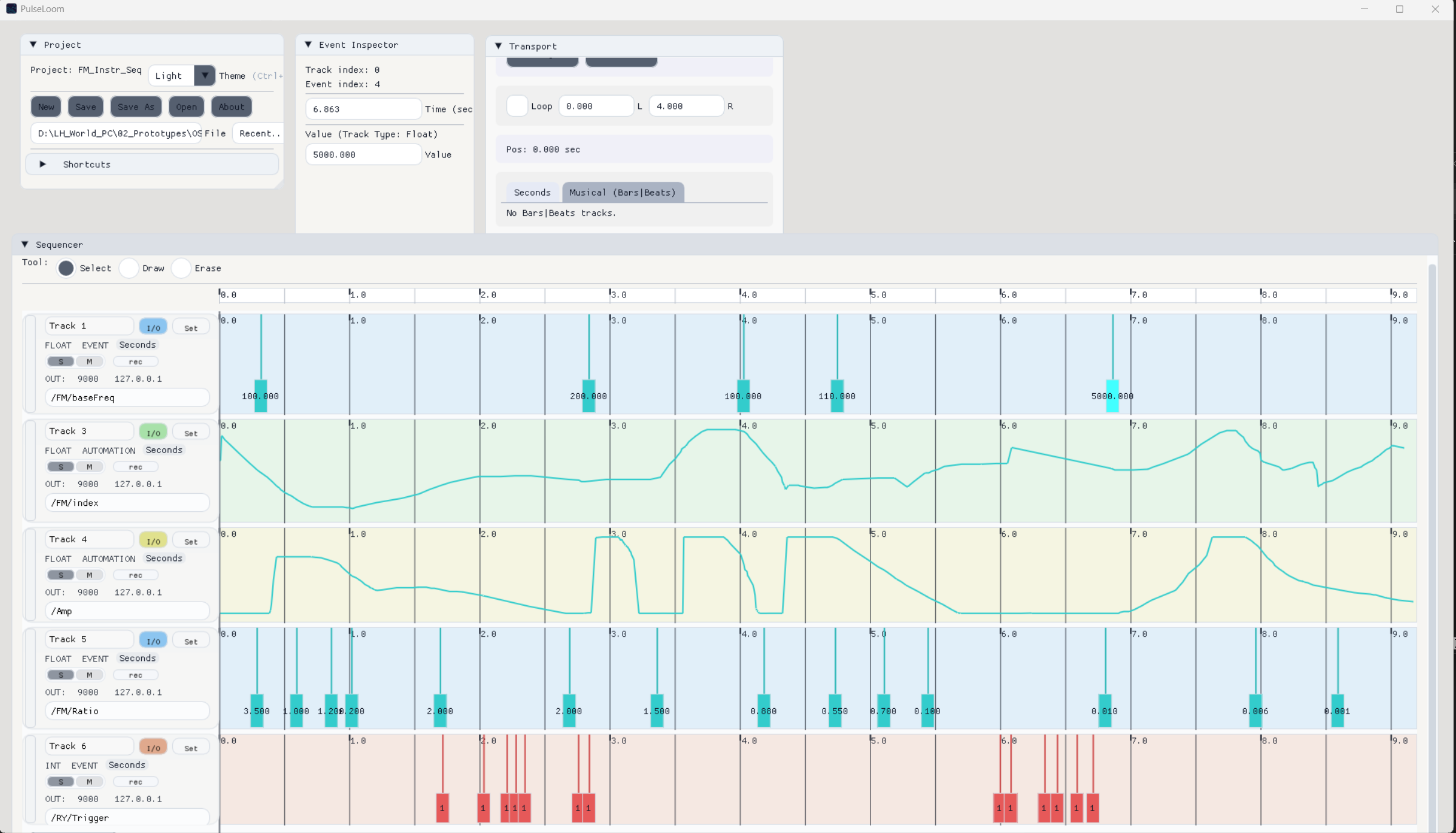 PulseLoom interface showing tracks, control data, and sequencing tools