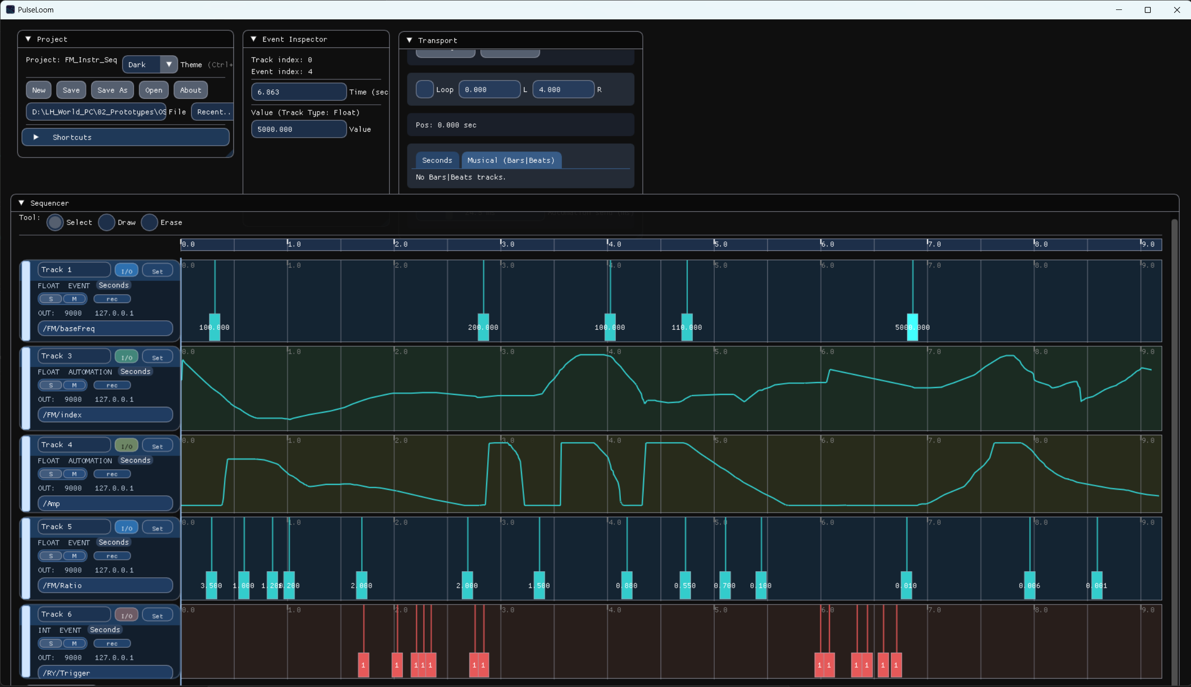 PulseLoom interface showing OSC sequencing and parameter controls