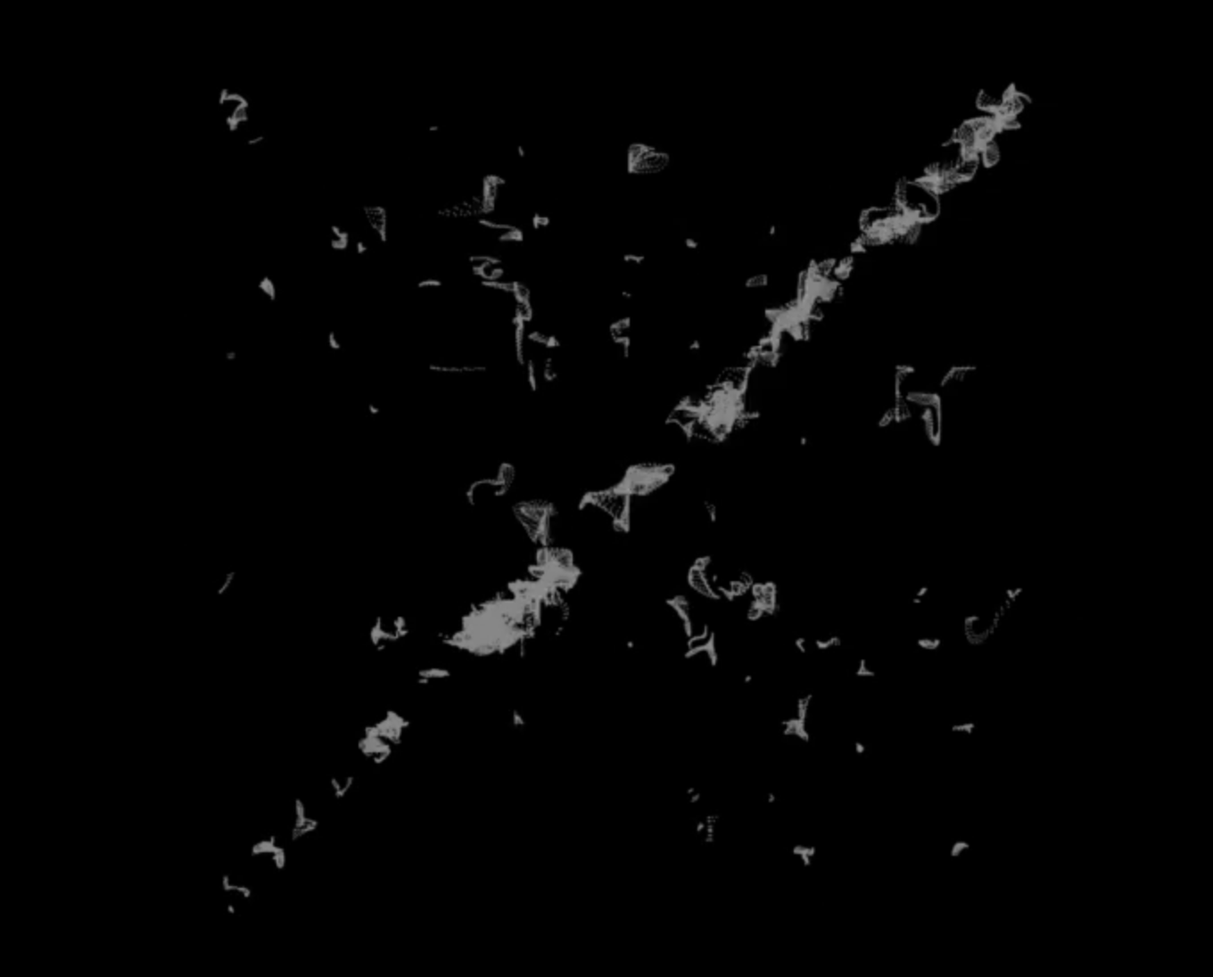 Early Fragment process sketch showing a diagonal cluster of particle fragments and dispersed motion