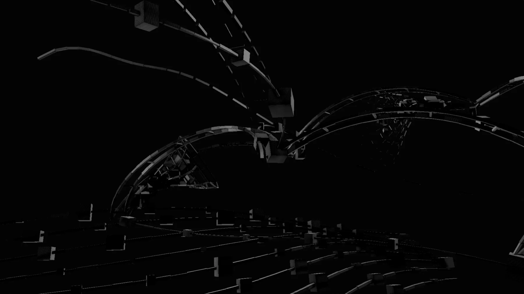 Synthetic Bloom showing an arcing monochrome geometric structure emerging across a dark field