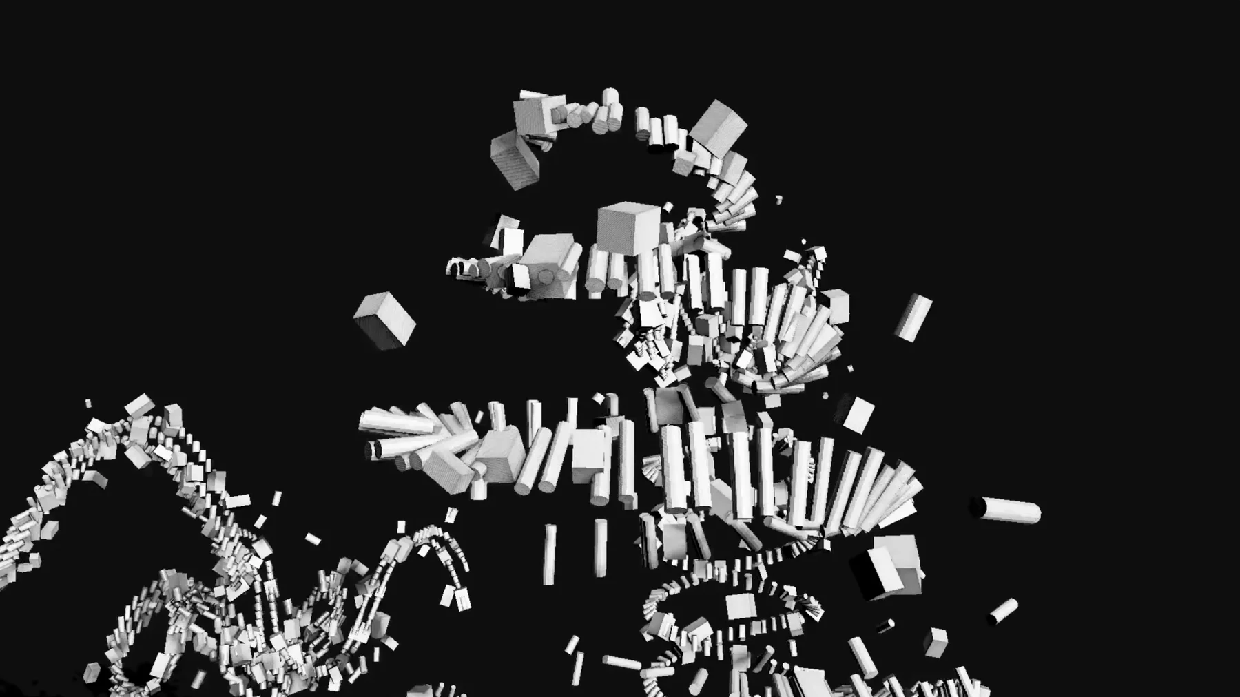 Synthetic Bloom showing bright modular forms curling through a dark spatial field