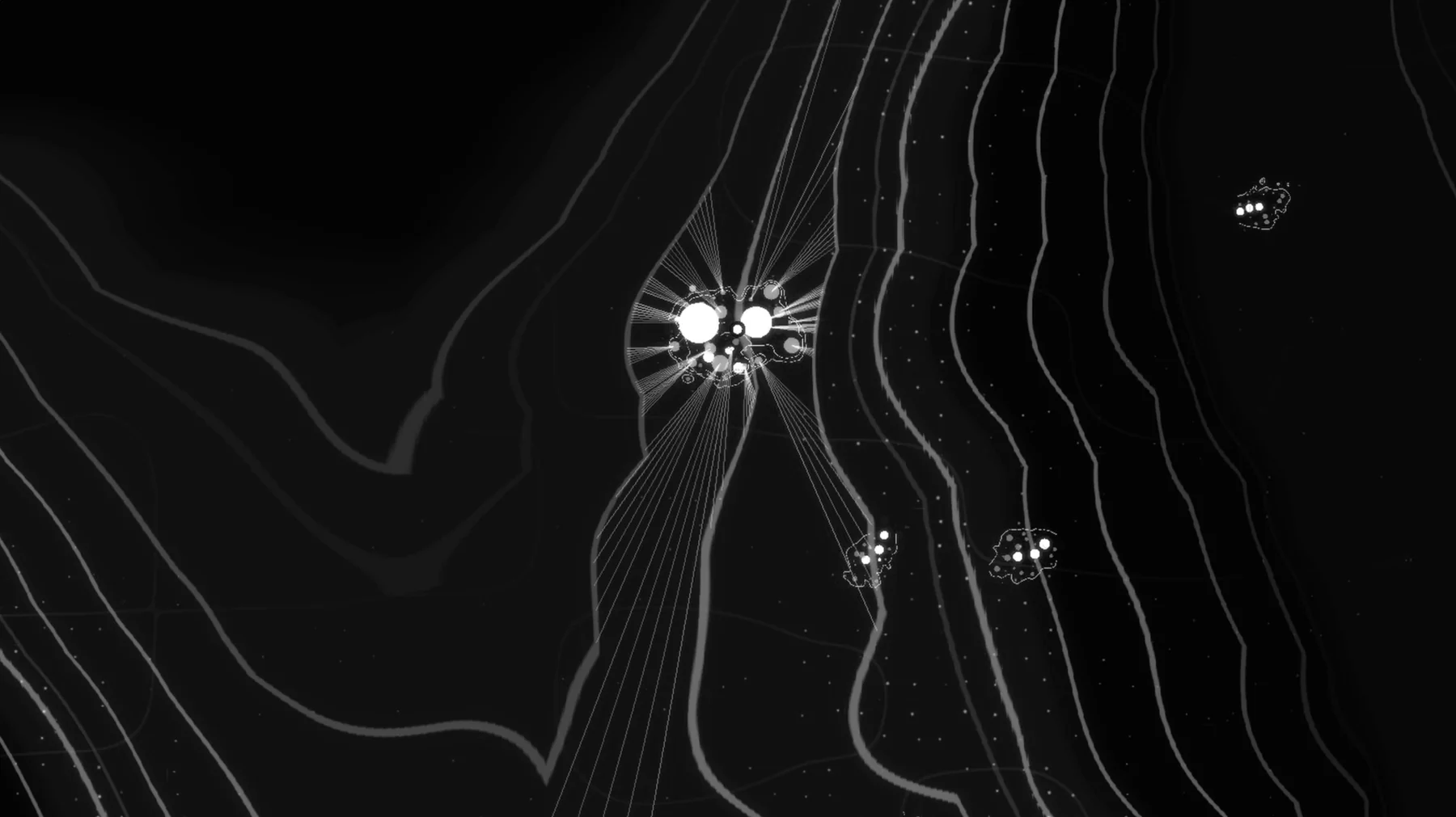 The Reach of Here showing luminous generative nodes connected through a field of lines