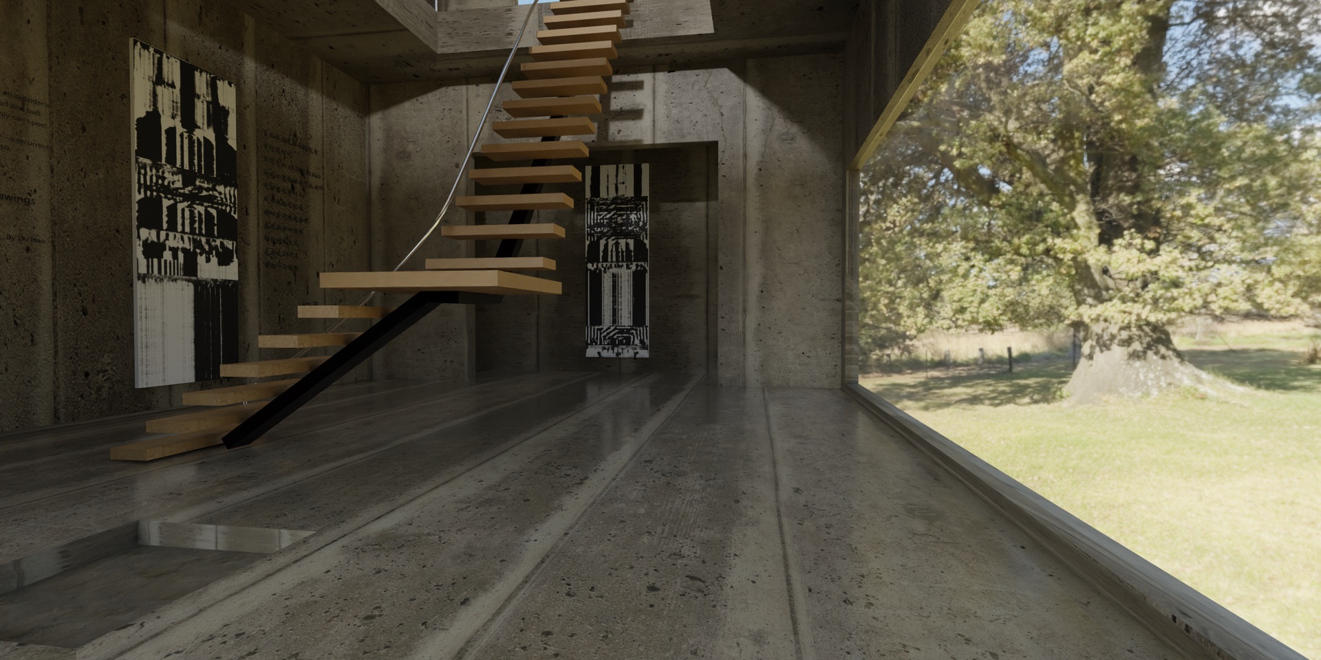 Stair and corridor view inside The Vintage Drawings virtual exhibition.
