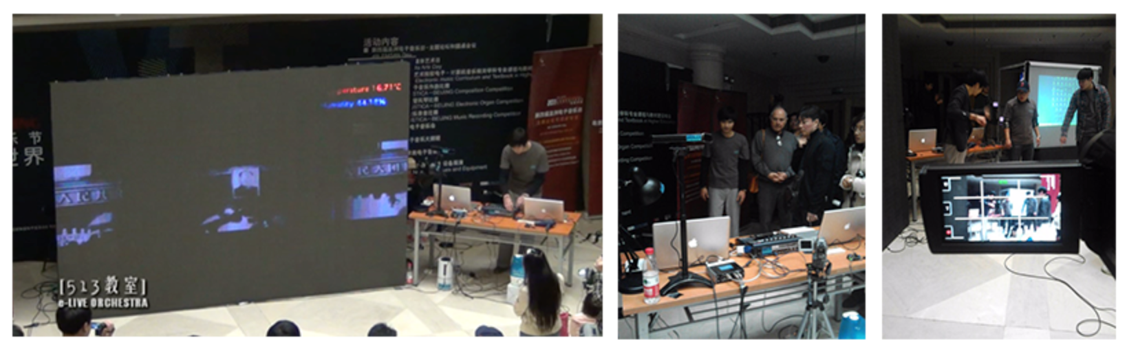 Performance and installation documentation for City - Beijing, showing the projected audiovisual work, interaction setup and audience context